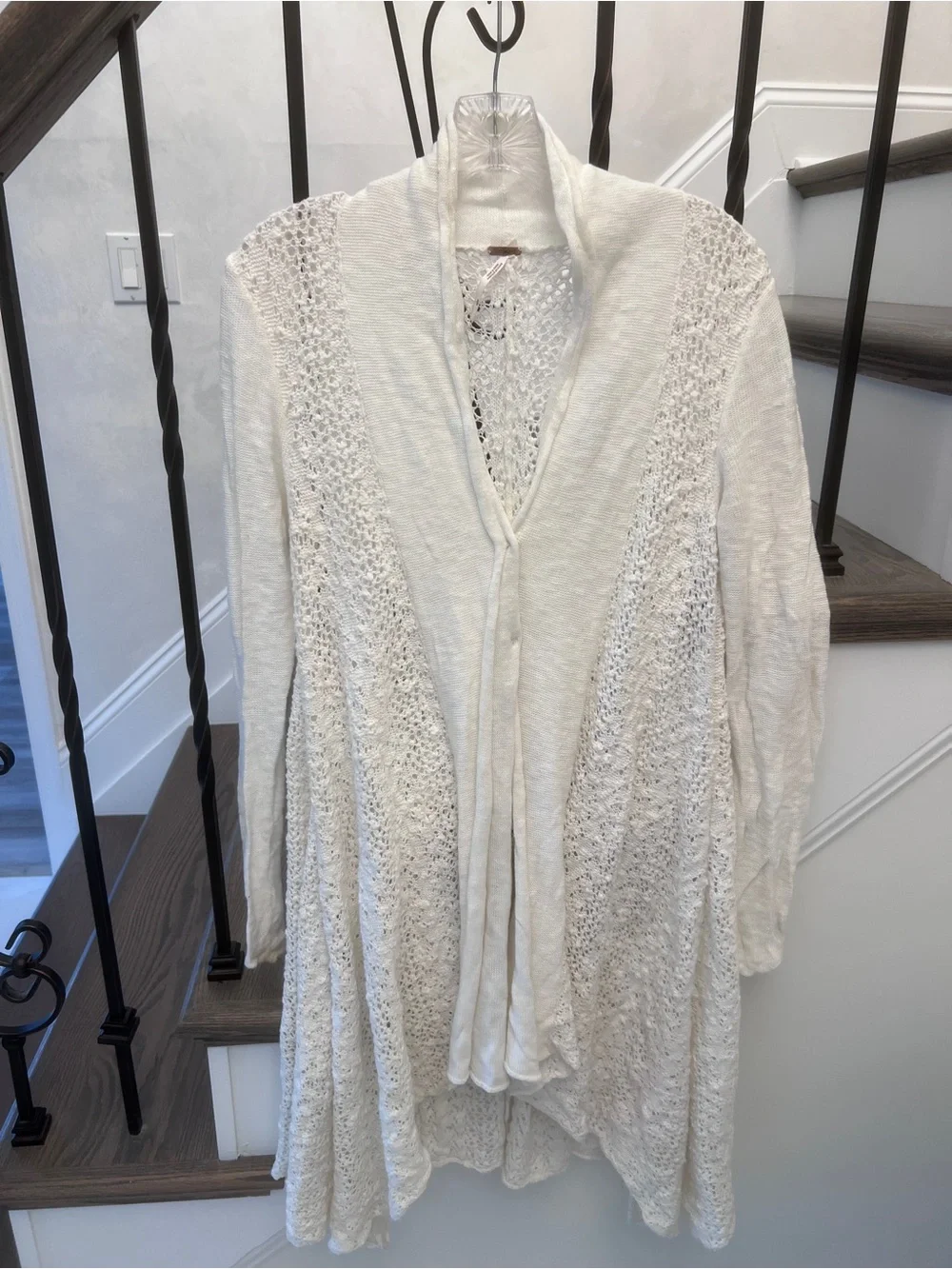 Free People Cream Open Knit Crochet Longline Duster Cardigan Sweater S Small
